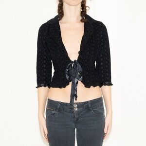 Y2k black cardigan jacket with ribbon tie cropped size medium angie cotton